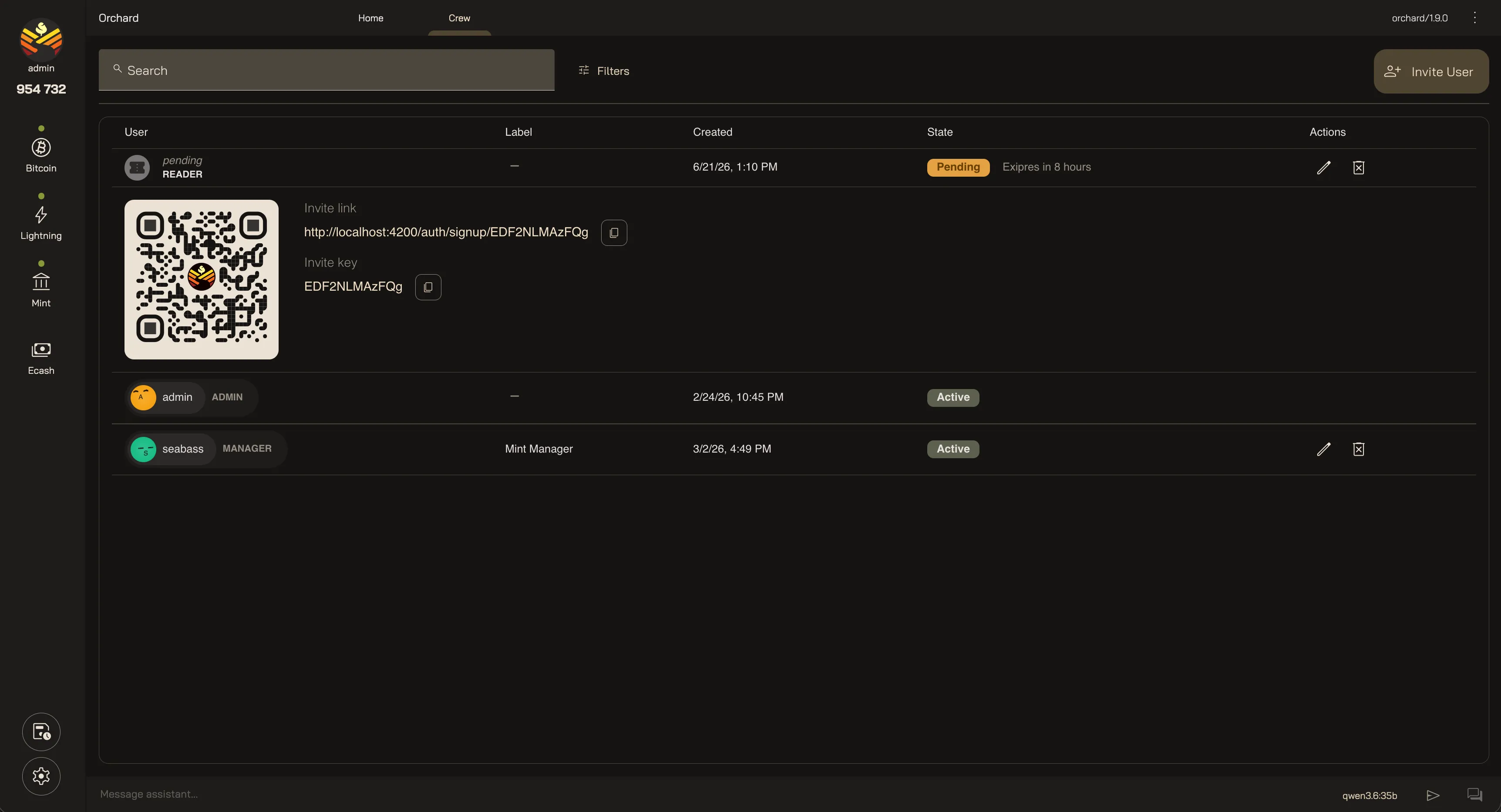 Orchard's Crew page: a table of accounts with User, Label, Created, State, and Actions columns and an Invite User button. Rows show role badges (Reader, Admin, Manager) and states (Active, Pending), and an expanded pending invite reveals a QR code alongside a copyable invite link and invite key.